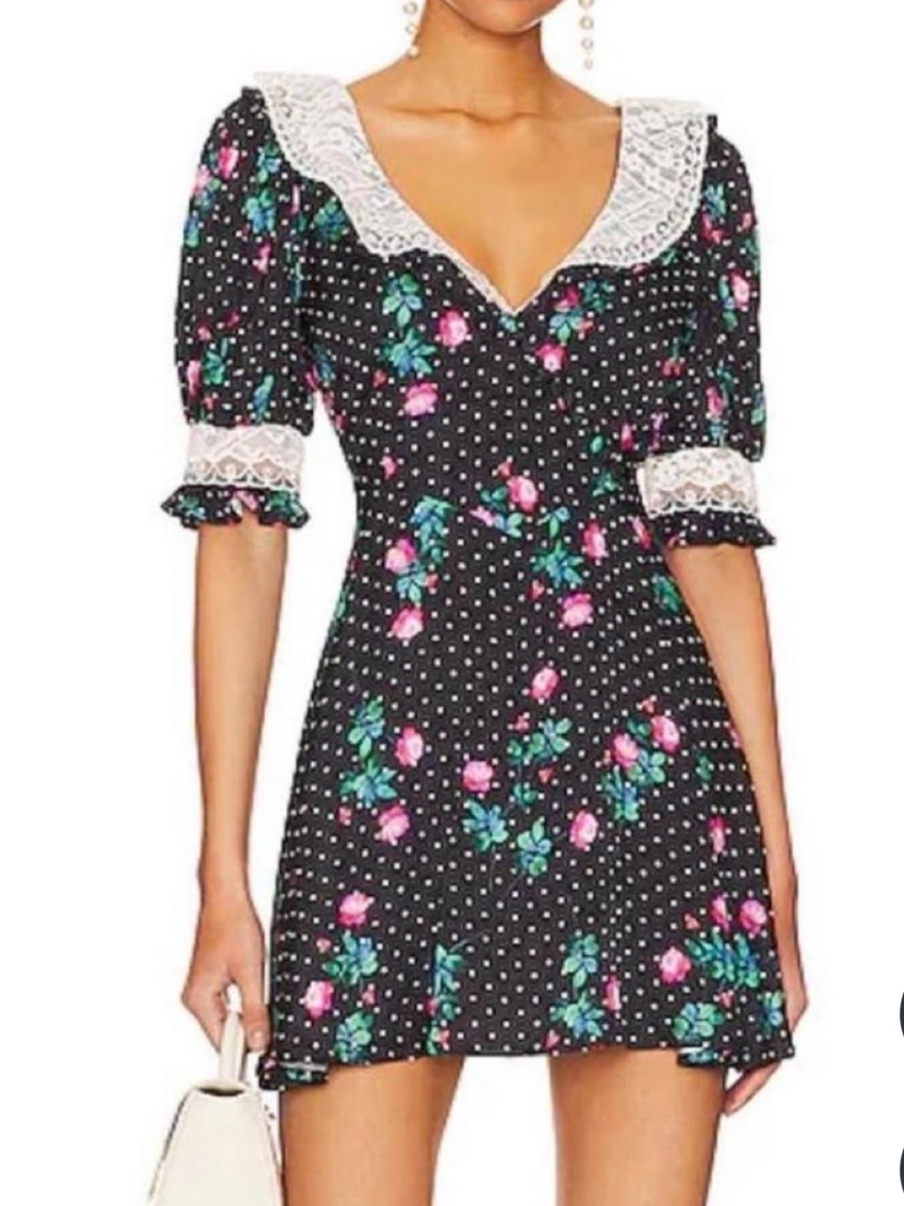 For Love & Lemons Black Mini Dress with Pink Rose Print
